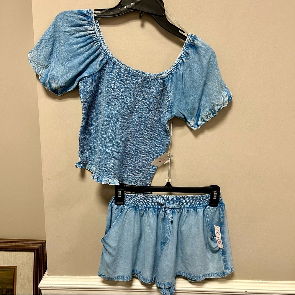 Poof Girl Sz M Denim Chambray Shorts Set W/ Top Blue NWT